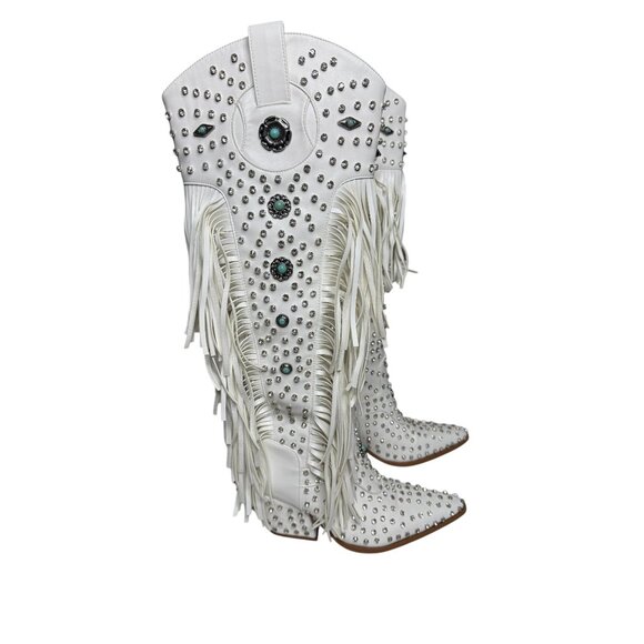 NWT Azalea Wang Bennett White Rhinestone Fringe Western Boots Glam Cowgirl - Picture 4 of 12